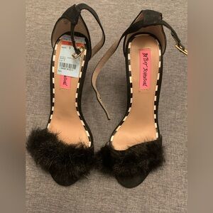 Betsy Johnson Black Heel Sandals with Fur Trim